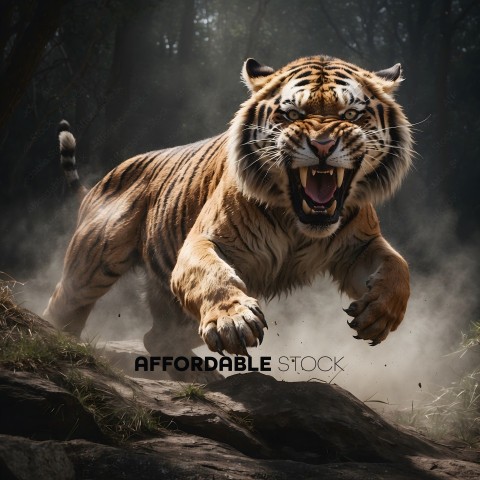 Tiger leaping over a rock