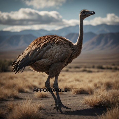 A large bird with a long neck standing in a field