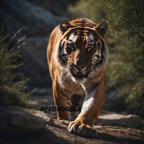 A tiger walking on a rocky path