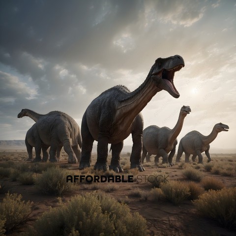 A group of dinosaurs in a desert landscape