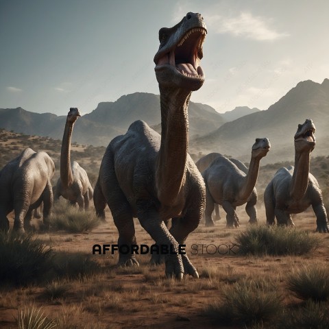 A herd of dinosaurs in a desert landscape