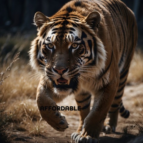 A tiger is walking through a field