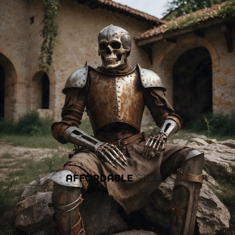 A skeleton wearing a suit of armor sits on a rock