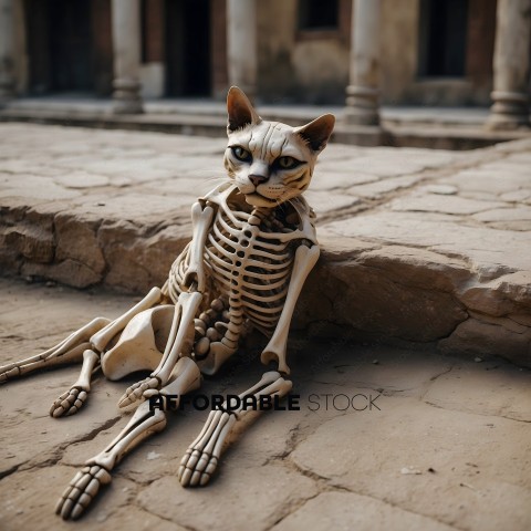 Skeleton Cat Sits on Ground