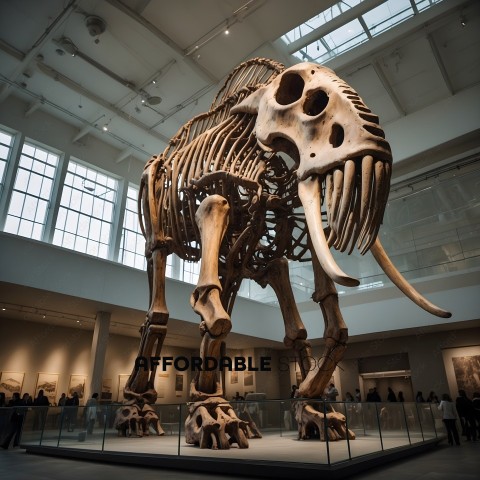 A museum exhibit of a large elephant skeleton