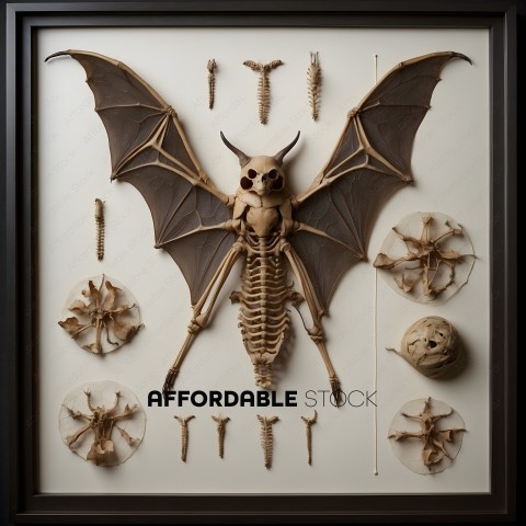 A skeleton of a bat with wings and other bones