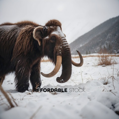 A large animal with a long trunk in the snow