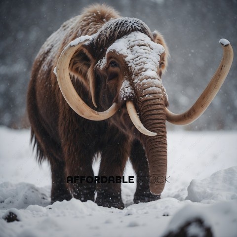 A large, furry animal with tusks in the snow