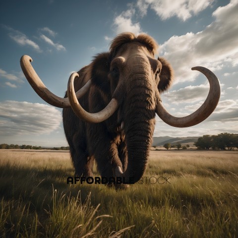 An elephant with tusks standing in a field
