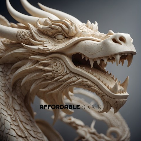 A carved wooden dragon head with a wide open mouth