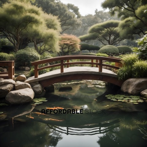 A bridge over a pond with a reflection of the bridge in the water