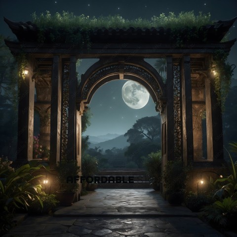 A view of a garden at night with a full moon