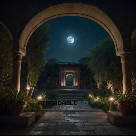 A view of a moonlit night with a large archway