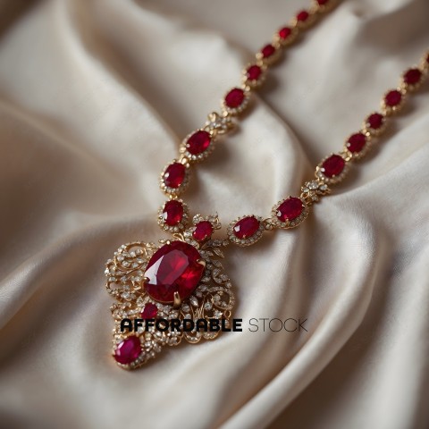 A gold and red necklace with a heart and red gems