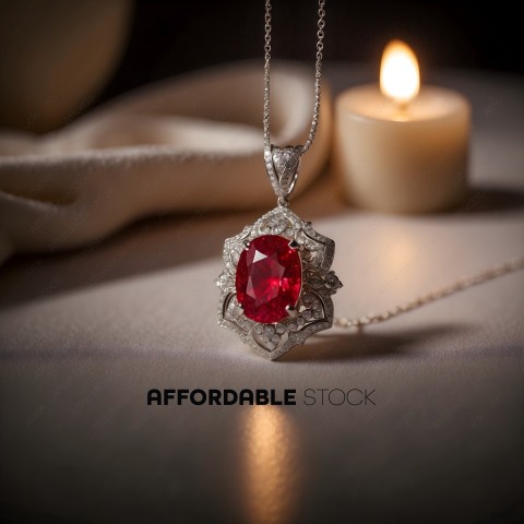 A silver necklace with a red gemstone
