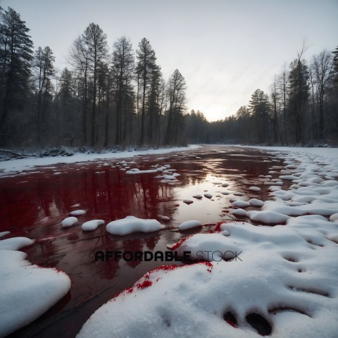 A river with red water and snow