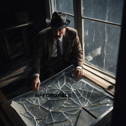 A man in a suit and hat examines a piece of glass with a pattern