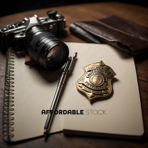 A police badge, camera, and notebook on a table