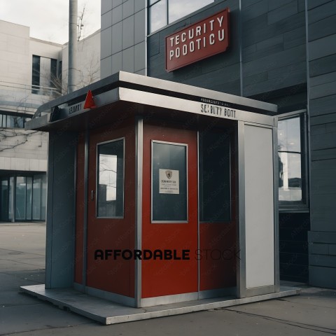 Security booth with red and silver doors