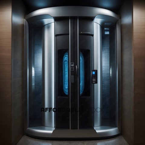A modern elevator with a blue lighted panel