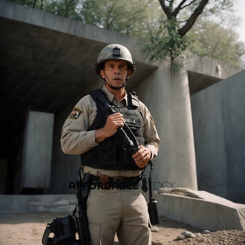 A soldier in a tan uniform stands in front of a concrete structure