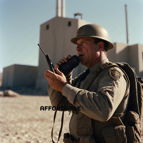 A man in a uniform is talking on a radio
