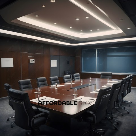 A conference room with a large table and chairs
