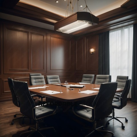 A conference room with a wooden table and chairs