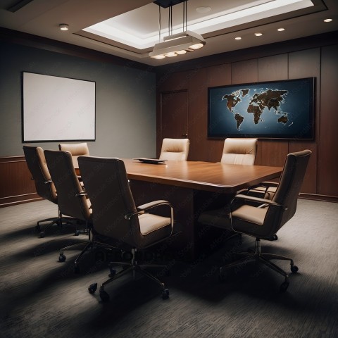 A conference room with a map of the world on the wall