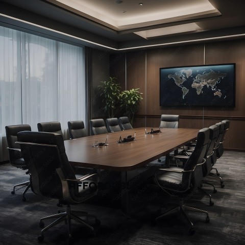 A conference room with a large map of the world on the wall