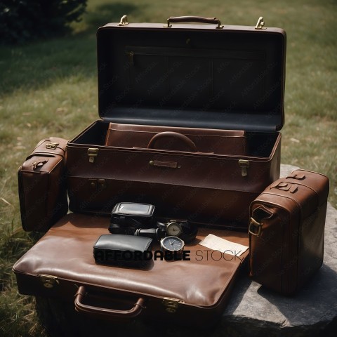 Vintage Leather Suitcase with Camera and Watch