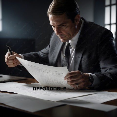 Man in suit reading a document