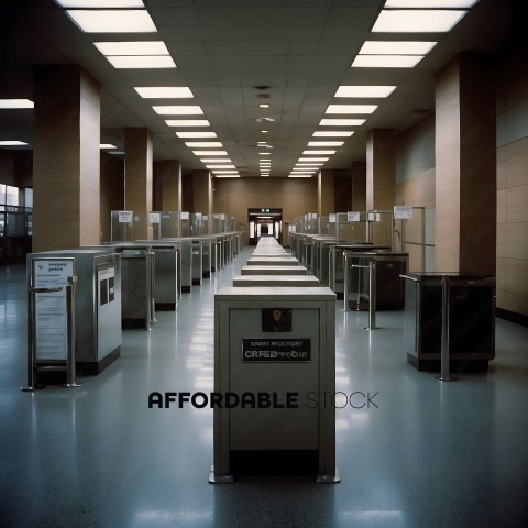 A long hallway with a turnstile and a sign that says "Swipe Card"