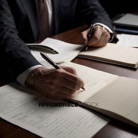 A man in a suit writing in a journal