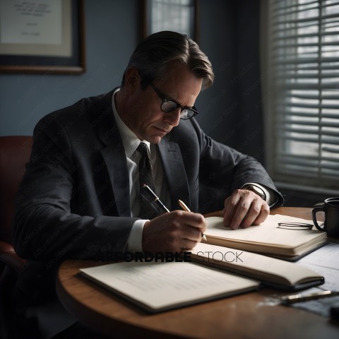 A man in a suit writing on a notepad