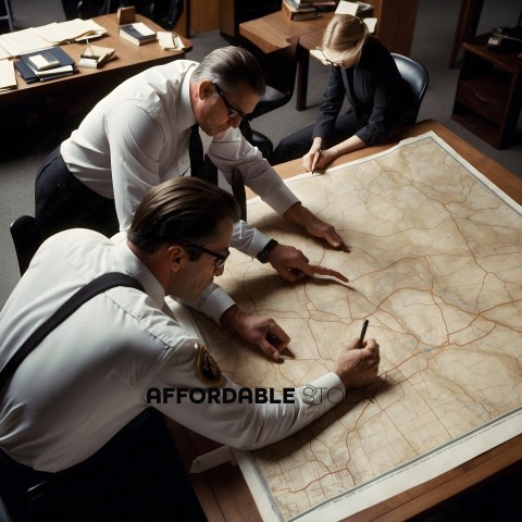 Three men looking at a map