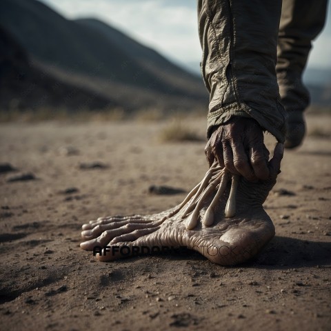 A person with bare feet standing on a dirt ground