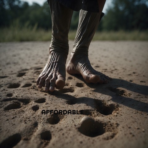 A person's bare feet in the sand