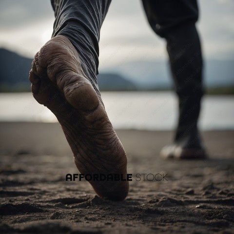A person's bare foot in the sand