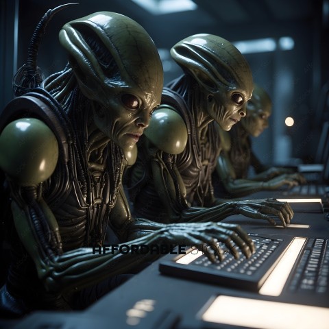 Three alien beings are working on a computer
