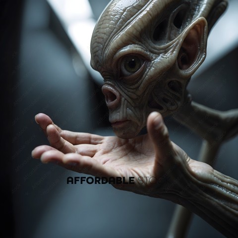 A hand with a gray alien face on it