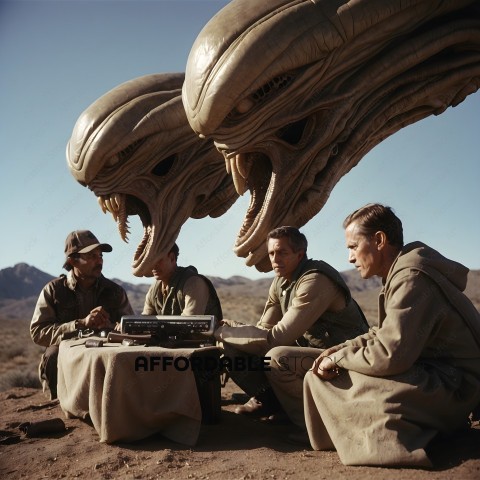 Men sitting around a table with a strange object in the background