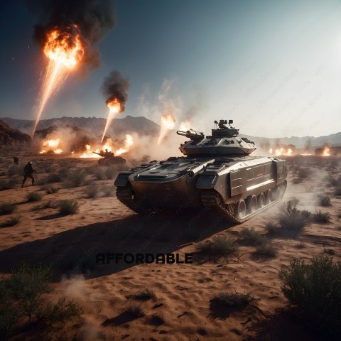 A tank in the desert with explosions in the background
