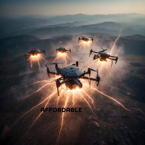 Drones with lights on in the sky