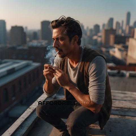 Man smoking a cigarette while sitting on a roof
