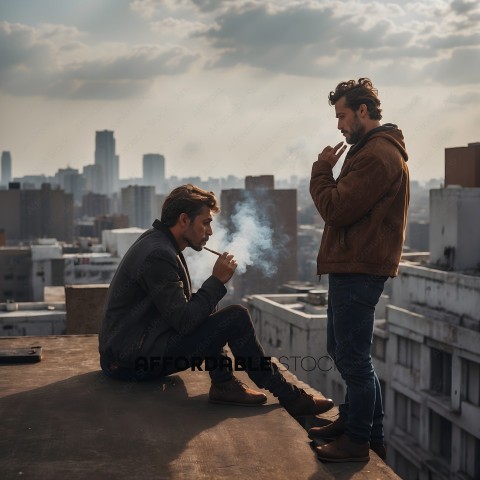 Two men smoking cigarettes on a rooftop