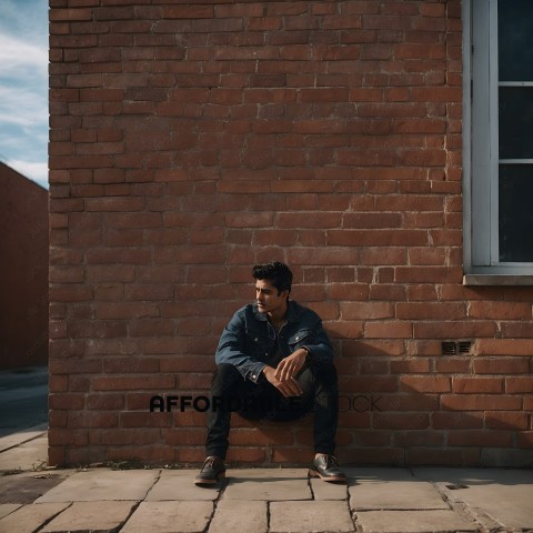 Man sitting against brick wall