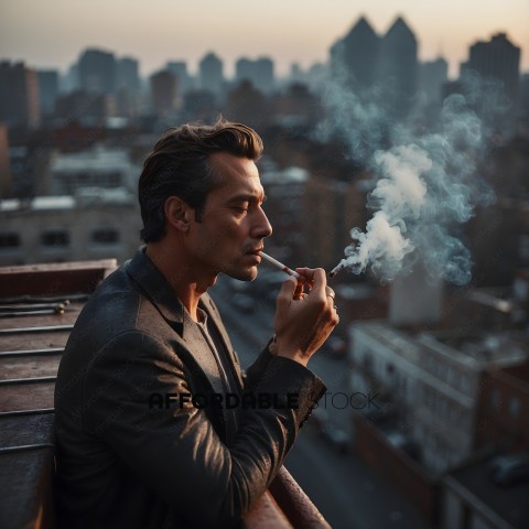 Man smoking a cigarette while looking at the city