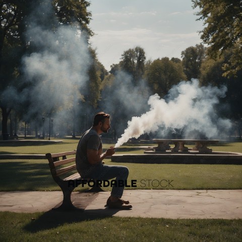 A man smoking a cigarette while sitting on a bench