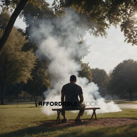 A man sitting on a bench in a park with smoke coming out of his head